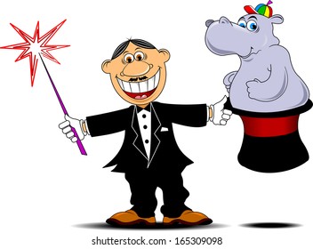 Magician pulling out a hippopotamus from his top hat