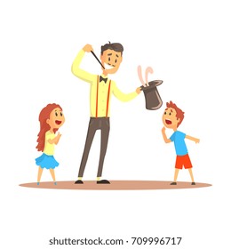 Magician pulling out a rabbit from his top hat before happy people, circus or street actor colorful cartoon detailed vector Illustration
