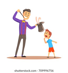 Magician pulling out a rabbit from his top hat before happy boy, circus or street actor colorful cartoon detailed vector Illustration