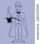 Magician pulls rabbit out of hat. Circus character in outline style.