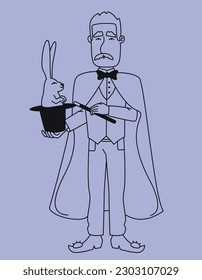 Magician pulls rabbit out of hat. Circus character in outline style.