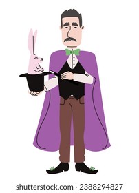 Magician pulls rabbit out of hat. Circus character in doodle style.