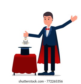 The magician pulls the rabbit out of the hat. Vector illustration, a flat style design. Isolated on a white background.