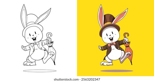 magician rabbit cartoon, children's coloring book. Coloring book with cute cartoon pictures. Vector illustration with colored background.