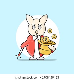 Magician Rabbit Cartoon Vector Icon Illustration. Rabbit, Hat and Coin Money Icon Concept with Flat Cartoon Style.