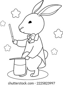 Magician rabbit cute cartoon vector illustration,coloring book