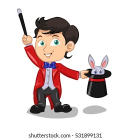 magician with rabbit in tall hat and magic stick