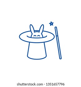 Magician with rabbit,magic hat, wand trick line icon concept. Magician with rabbit,magic hat, wand trick flat  vector symbol, sign, outline illustration.