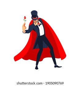 Magician in a red cloak and hat. Cartoon character Vector illustration on a white background.