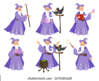 Magician in robe spelling vector cartoon characters. Wizard with hat of fairytale character in various poses. Vector illustration 