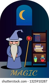 The magician in the room and the attributes of craft, flasks, staff, books, scrolls
