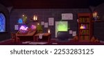 Magician room interior design. Vector cartoon illustration of mysterious lab with green potion boiling in cauldron, spell book floating in air, elixir bottles glowing on shelf, paper notes on wall
