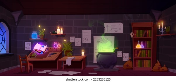 Diseño interior de habitaciones de estilo mago. Dibujo vectorial de laboratorio misterioso con poción verde hirviendo en caldero, libro ortográfico flotando en el aire, botellas elixir brillando en la estantería, notas de papel en la pared