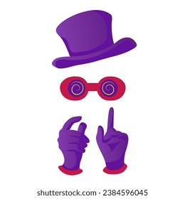 Magician s hat, glasses and gloves. Vector.