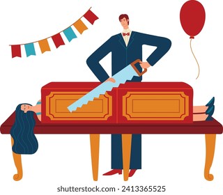Magician sawing assistant in magic show. Woman in illusion box with man performing trick. Entertainment and magic performance vector illustration. svg