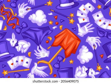 Magician seamless pattern with magic items. Illusionist show or performance background. Cartoon style illustration of tricks.