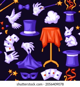 Magician seamless pattern with magic items. Illusionist show or performance background. Cartoon style illustration of tricks.