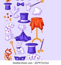 Magician seamless pattern with magic items. Illusionist show or performance background. Cartoon style illustration of tricks.