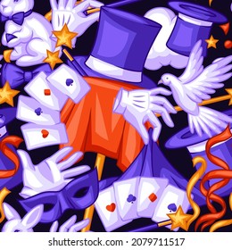Magician seamless pattern with magic items. Illusionist show or performance background. Cartoon style illustration of tricks.