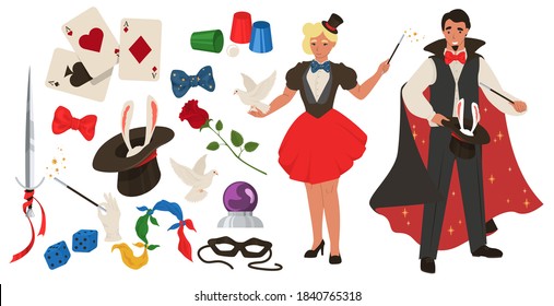 Magician set, flat vector isolated illustration. Illusionist, male and female characters holding dove, magic wand, black cylinder hat with rabbit. Shell game tools, playing cards, dices for tricks etc