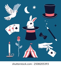 Magician set rabbit in hat, white dove, cards, glove, candle, rose. Vector graphics.