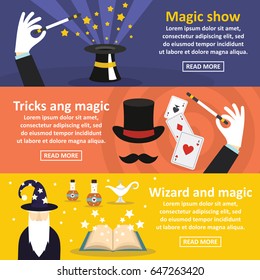 Magician show banner horizontal concept set. Flat illustration of 3 magician show vector banner horizontal concepts for web