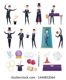 Magician. Show performer in costume and items cards rabbit in hat magic handkerchiefs wand cards steel deck vector cartoons. Showman illusionist, magician performing show, performer illustration