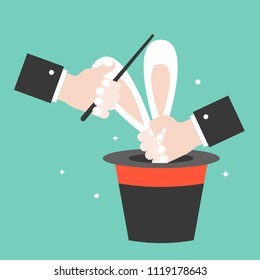 Magician show pulling rabbit out of hat, flat design