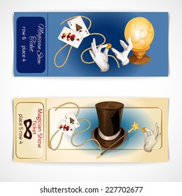 Magician show tickets set with magic and illusion accessory isolated vector illustration