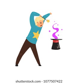 Magician showing focus with cylinder hat. Man using magic wand for performing trick. Flat vector design