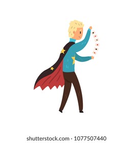 Magician showing focus with playing cards. Professional illusionist in cape with stars. Flat vector design