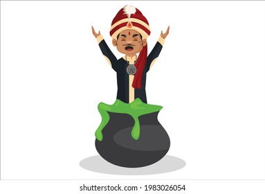 Magician is showing magic with help of pot. Vector graphic illustration. Individually on white background.