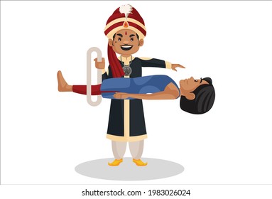 Magician is showing magic on girl. Vector graphic illustration. Individually on white background.
