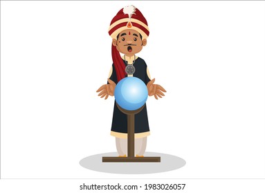 Magician is showing magic on round ball. Vector graphic illustration. Individually on white background.