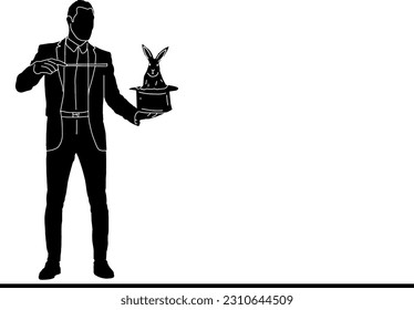 "Magician showing rabbit trick in hat silhouette vector illustration"
"Silhouette of a magician performing a hat trick with a rabbit"