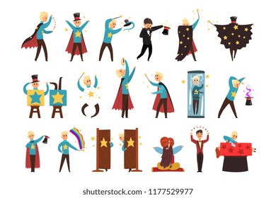 Magician showing tricks and focuses set of vector Illustrations isolated on a white background