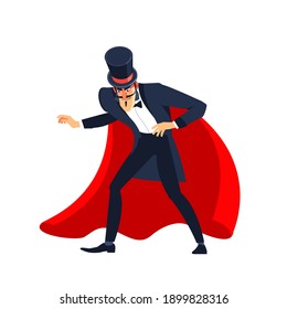 Magician Showman male entertainer, magician or actor on stage. The illusionist in the red cloak and the cylinder spreading hands. Cartoon character vector illustration isolated on white background.