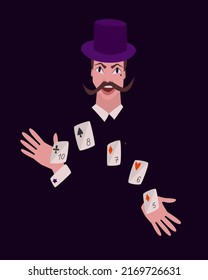 The magician shows a trick with a deck of cards. Vector illustration, isolated elements on a dark background. Cartoon character.