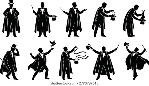 Magician silhouette performing magic tricks, illusionist with top hat and wand, circus performance characters, wizard show elements illustration