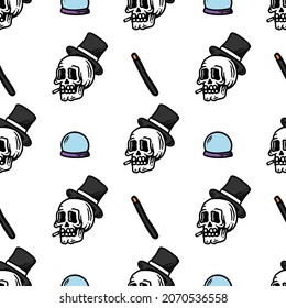 magician skull with magic ball and stick seamless pattern on white background