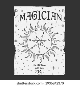 Magician slogan print with mystical elements. Template for tarot card. Hand-drawn. Cards with esoteric symbols. Witchcraft print vector graphic for t shirt, sticker and other uses.