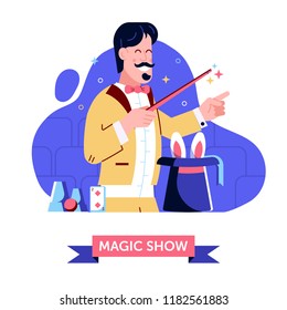 Magician in stage suit shows focus with magic hat and rabbit. Smiling circus illusionist holding wand demonstrating magical performance trick with bunny and cylinder on theater. Magic show concept.