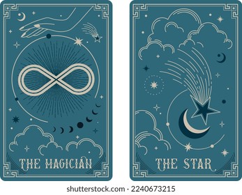 The Magician and The Star tarot card illustration fortune telling occult mystic esoteric. Celestial Tarot Cards Basic witch tarot