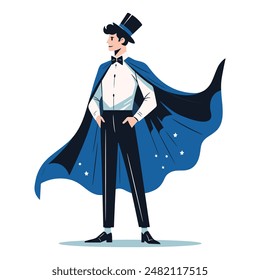 Magician. Stylish man wearing a top hat and suit in a flat style. Vector illustration isolated on white background.