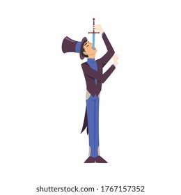 Magician Swallowing Sword, Illusionist Character in Tailcoat and Top Hat Performing at Magic Show Cartoon Style Vector Illustration