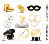 Magician symbol set with black cylinder hat, falling dice, Magic wand, Open book with magic light, linking metal rings, four aces deck of cards for playing, Shell game and magic Globe