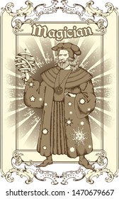 Magician. In the system, the tarot symbolizes a competent person. Cartoon characters. Design for t-shirt, poster. tattoo