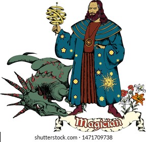 Magician. In the system, the tarot symbolizes a competent person. Cartoon characters. Design for t-shirt, poster. tattoo