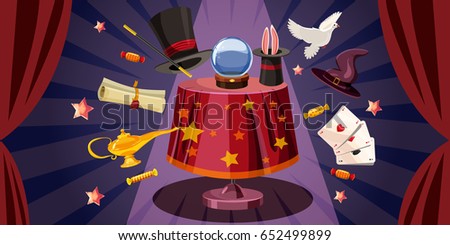 Magician table horizontal concept. Cartoon illustration of magician table banner horizontal vector for web