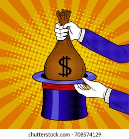 Magician takes out bag of money from cylinder hat pop art retro vector illustration. Comic book style imitation.